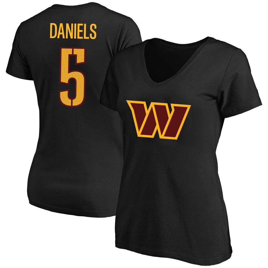 Women's Washington Commanders Jayden Daniels Black Plus Size Fair Catch Name & Number Scoop Neck T-Shirt - Jersey
