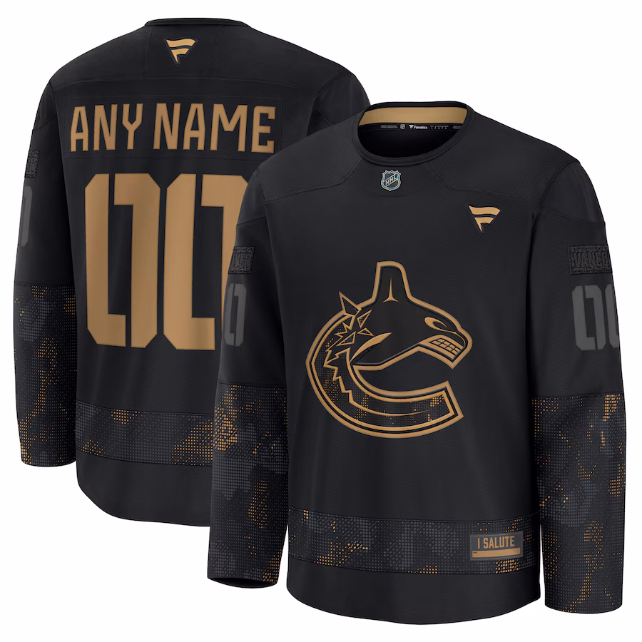 Men's Vancouver Canucks Fanatics Black 2024 Military Appreciation Personalized Long Sleeve Practice Jersey - Jersey