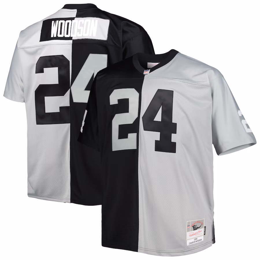 Men's Las Vegas Raiders Charles Woodson Mitchell & Ness Black/Silver Big & Tall Split Legacy Retired Player Replica Jersey - Jersey