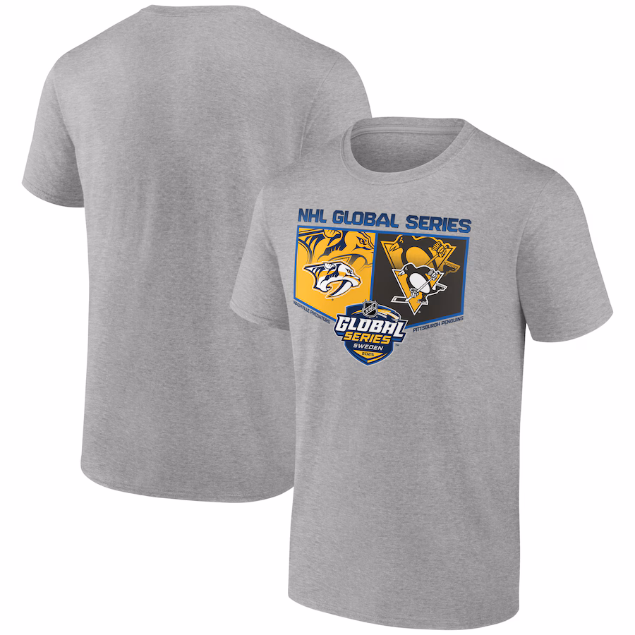 Men's Pittsburgh Penguins vs. Nashville Predators Heather Gray 2025 Global Series T-Shirt - Jersey