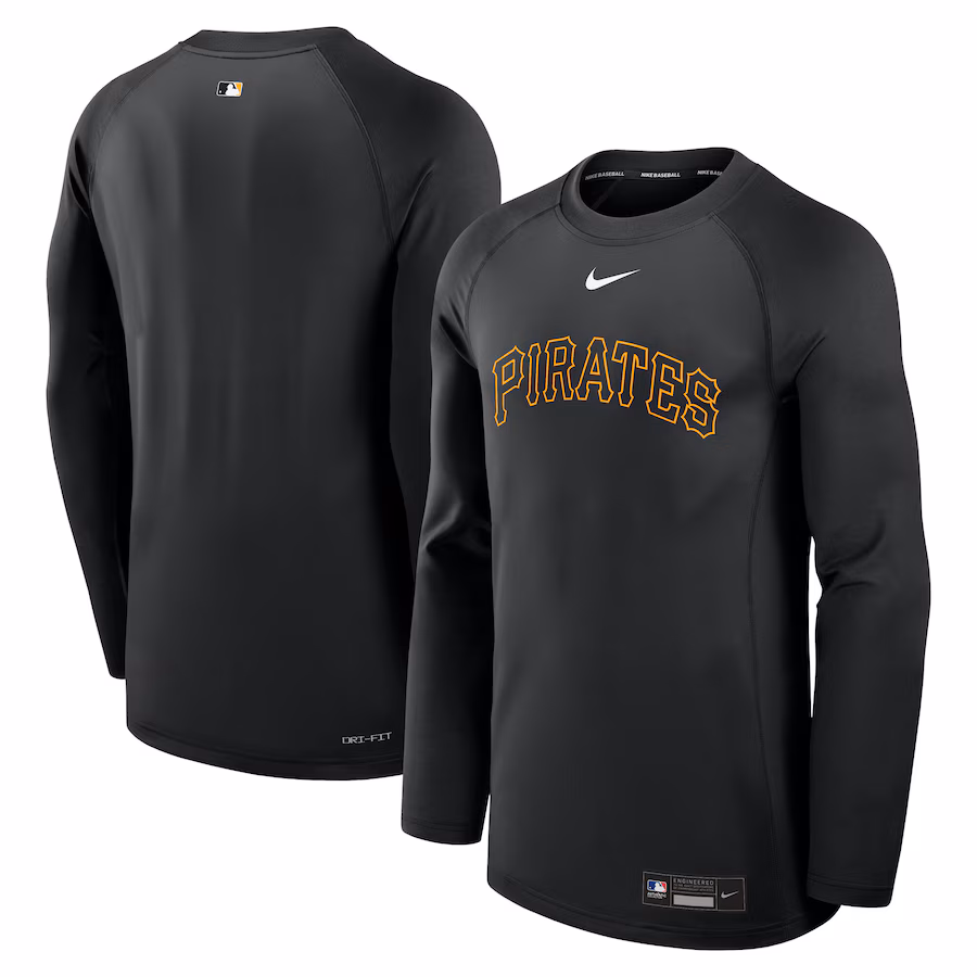 Men's Pittsburgh Pirates Nike Black Authentic Collection Game Time Raglan Performance Long Sleeve T-Shirt - Jersey