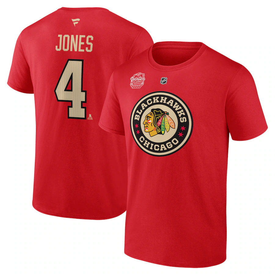 Men's Chicago Blackhawks Seth Jones Fanatics Red 2025 NHL Winter Classic Authentic Stack Name & Number T-Shirt - Jersey