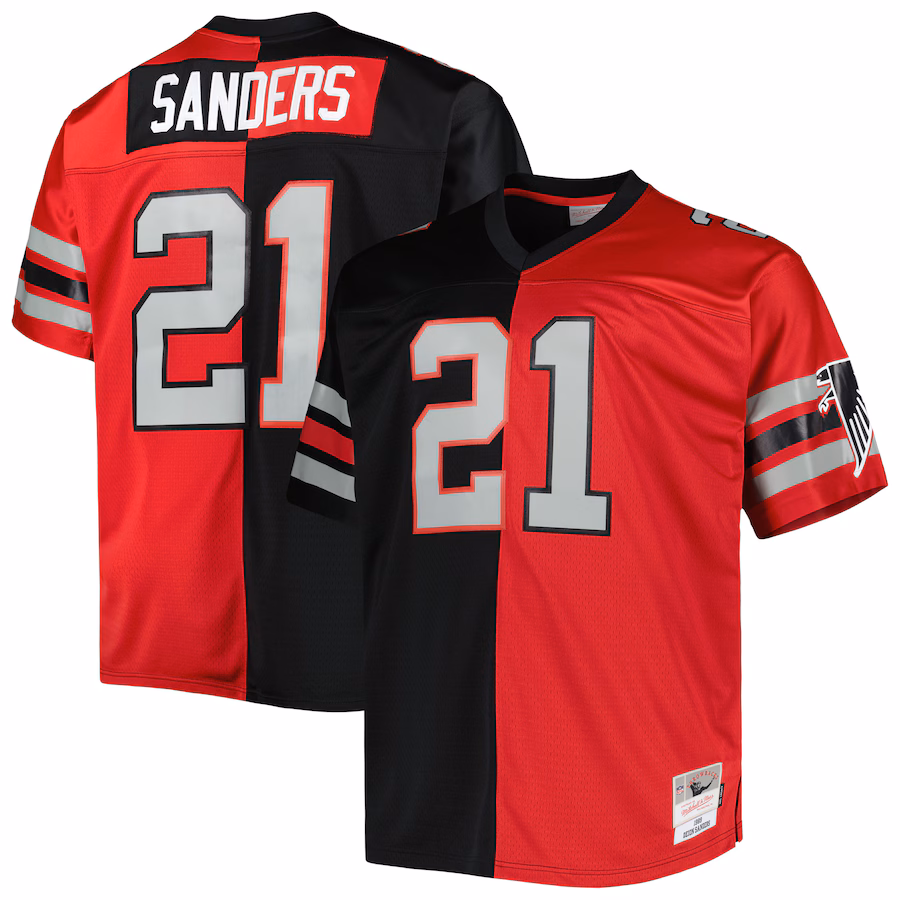 Men's Atlanta Falcons Deion Sanders Mitchell & Ness Black/Red Big & Tall Split Legacy Retired Player Replica Jersey - Jersey