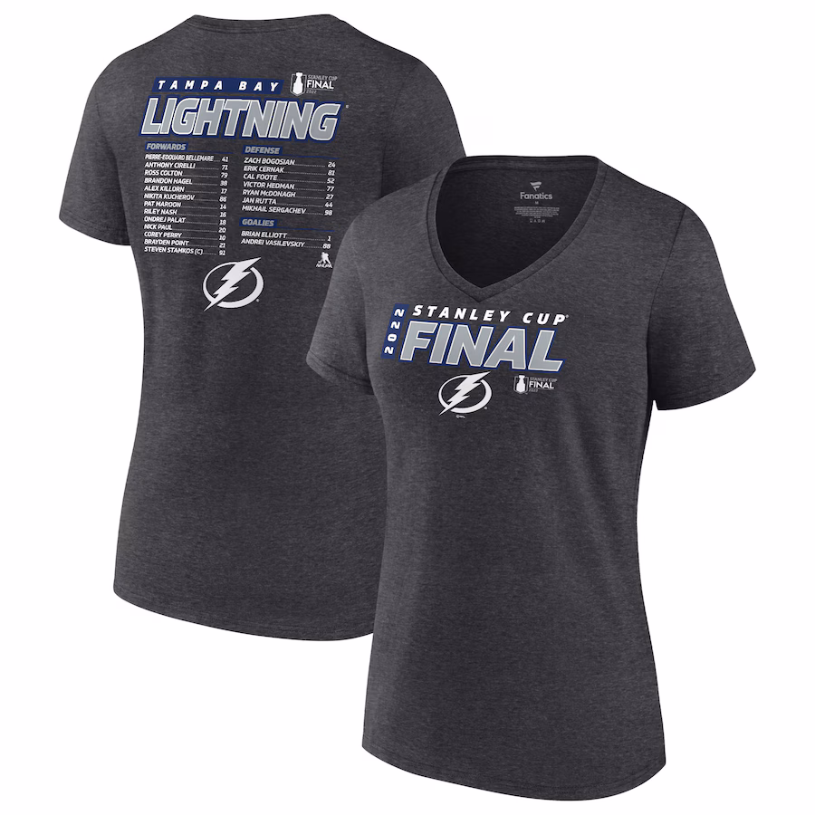 Women's Tampa Bay Lightning Fanatics Heathered Charcoal 2022 Stanley Cup Final Own Goal Roster V-Neck T-Shirt - Jersey