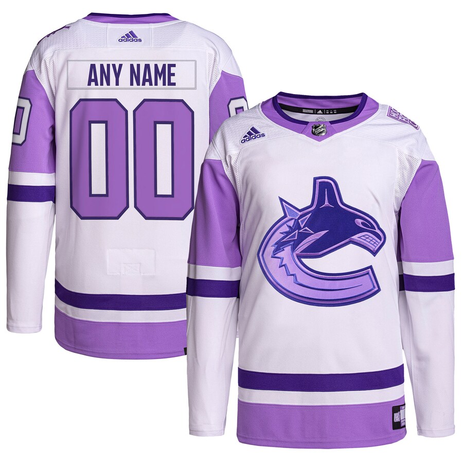Men's Vancouver Canucks adidas White/Purple Hockey Fights Cancer Primegreen Authentic Custom Jersey - Jersey