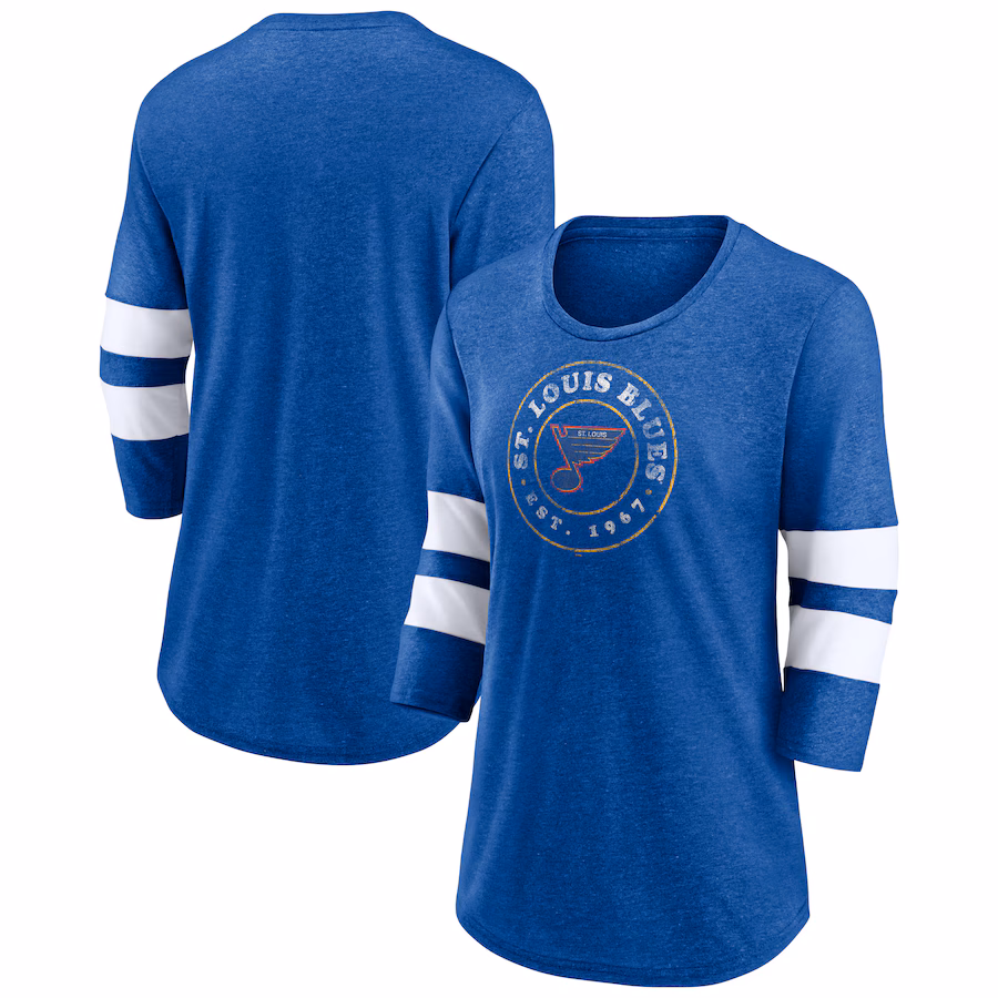 Women's St. Louis Blues Fanatics Heather Blue One Timer Tri-Blend Scoop Neck 3/4-Sleeve T-Shirt - Jersey