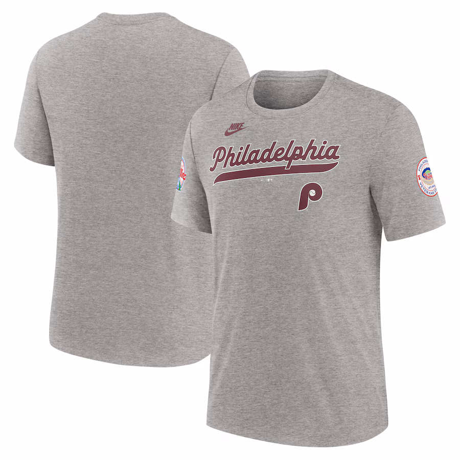 Men's Philadelphia Phillies Nike Heather Gray Cooperstown Collection Eras Tri-Blend T-Shirt - Jersey