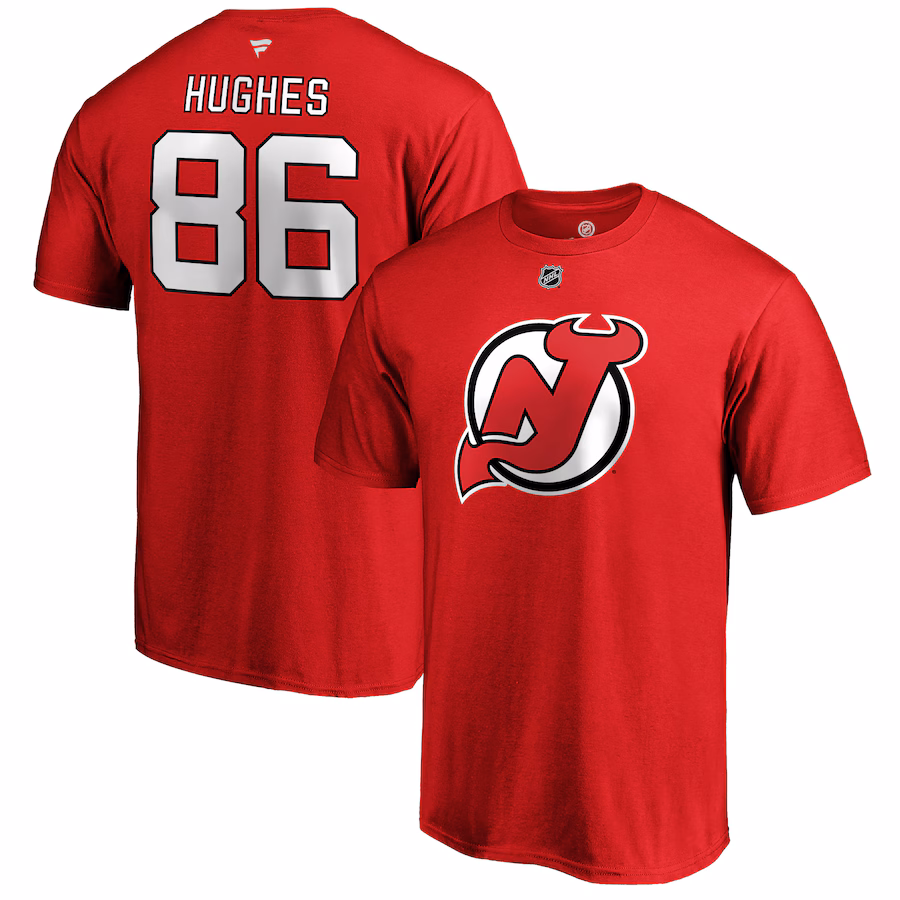 Men's New Jersey Devils Jack Hughes Fanatics Red Authentic Stack Name & Number T-Shirt - Jersey