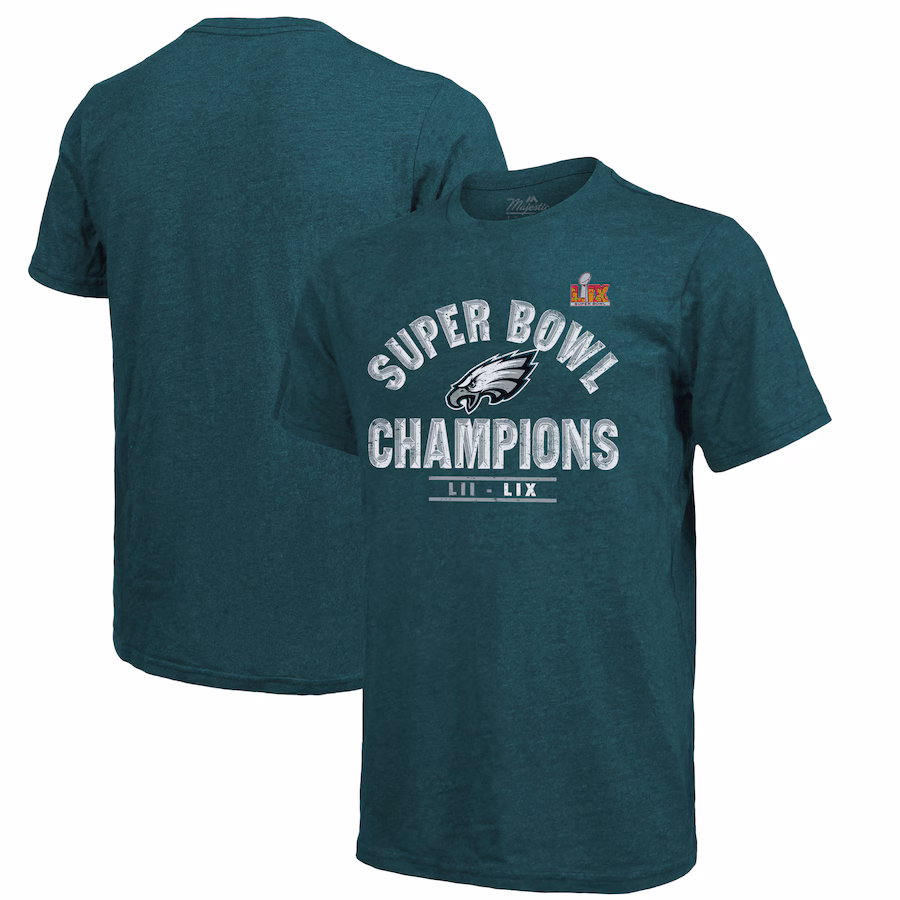 Men's Philadelphia Eagles Majestic Threads Midnight Green Super Bowl LIX Champions Tri-Blend T-Shirt - Jersey