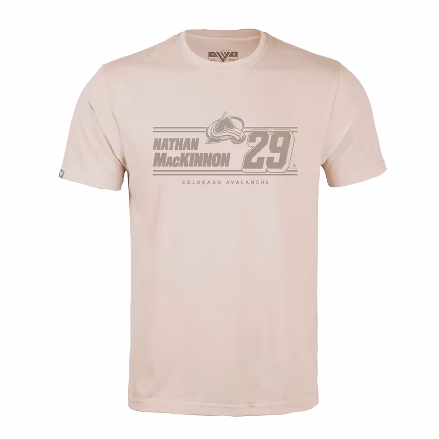 Men's Colorado Avalanche Nathan MacKinnon Levelwear Khaki Richmond Mileage Name & Number T-Shirt - Jersey