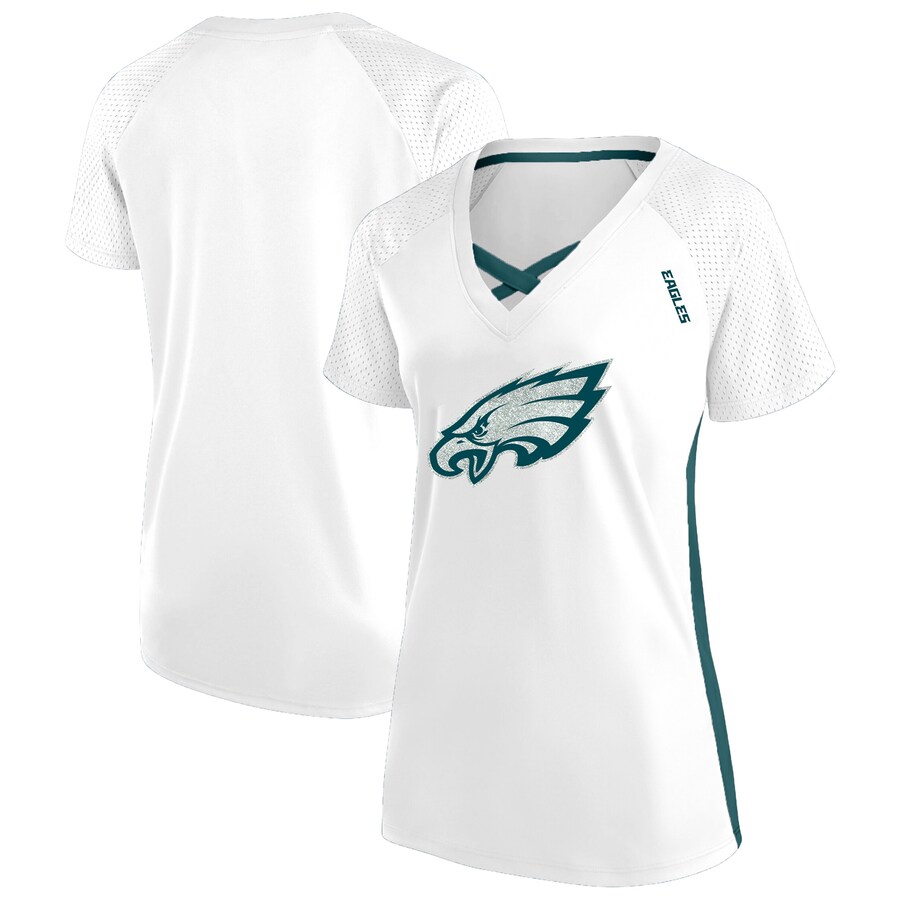 Women's Philadelphia Eagles Fanatics White Plus Size Glitter Lace-Up V- Neck T-Shirt - Jersey