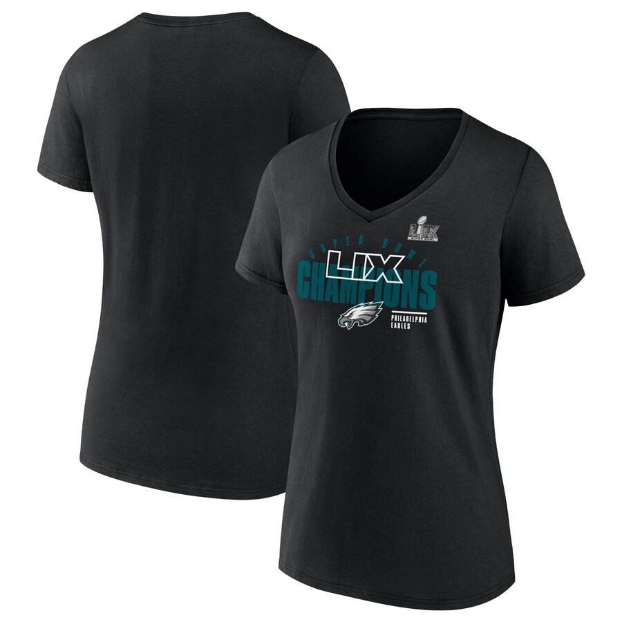 Women's Philadelphia Eagles  Fanatics Black Super Bowl LIX Champions Iconic Victory V-Neck T-Shirt - Jersey