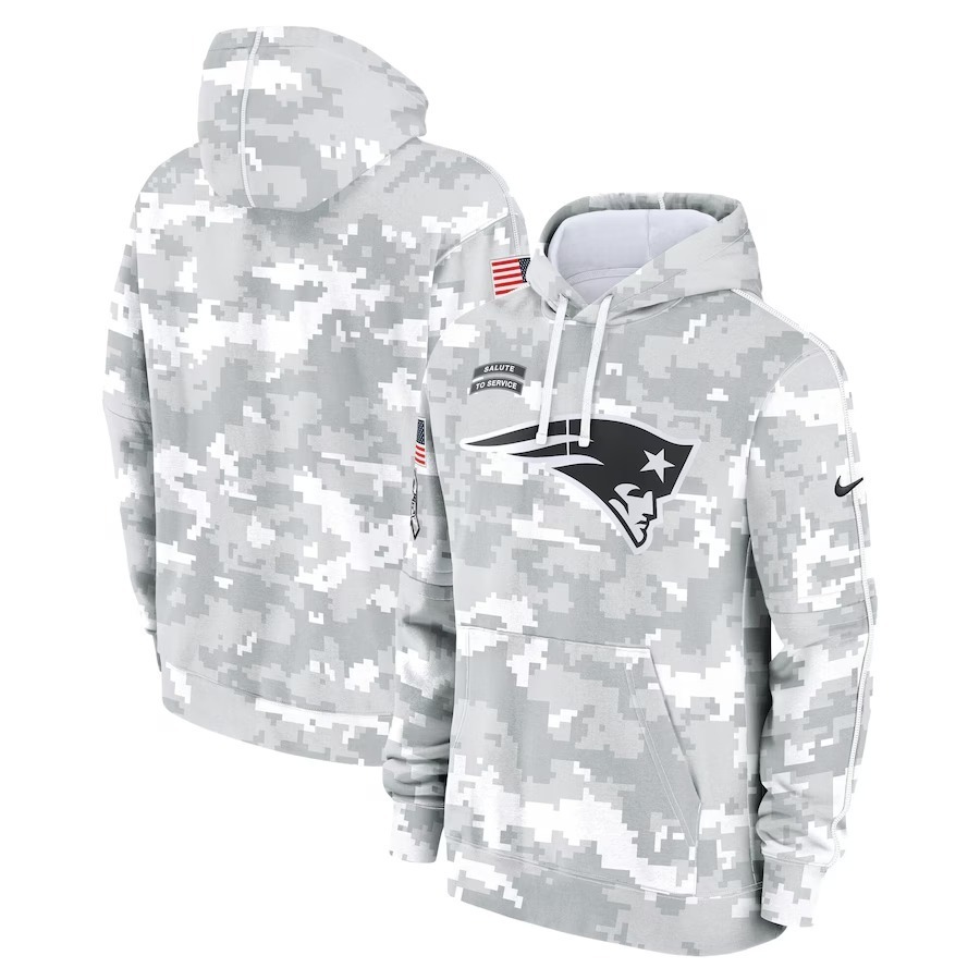 Men's New England Patriots Nike Arctic Camo 2024 Salute to Service Club Fleece Pullover Hoodie - Jersey