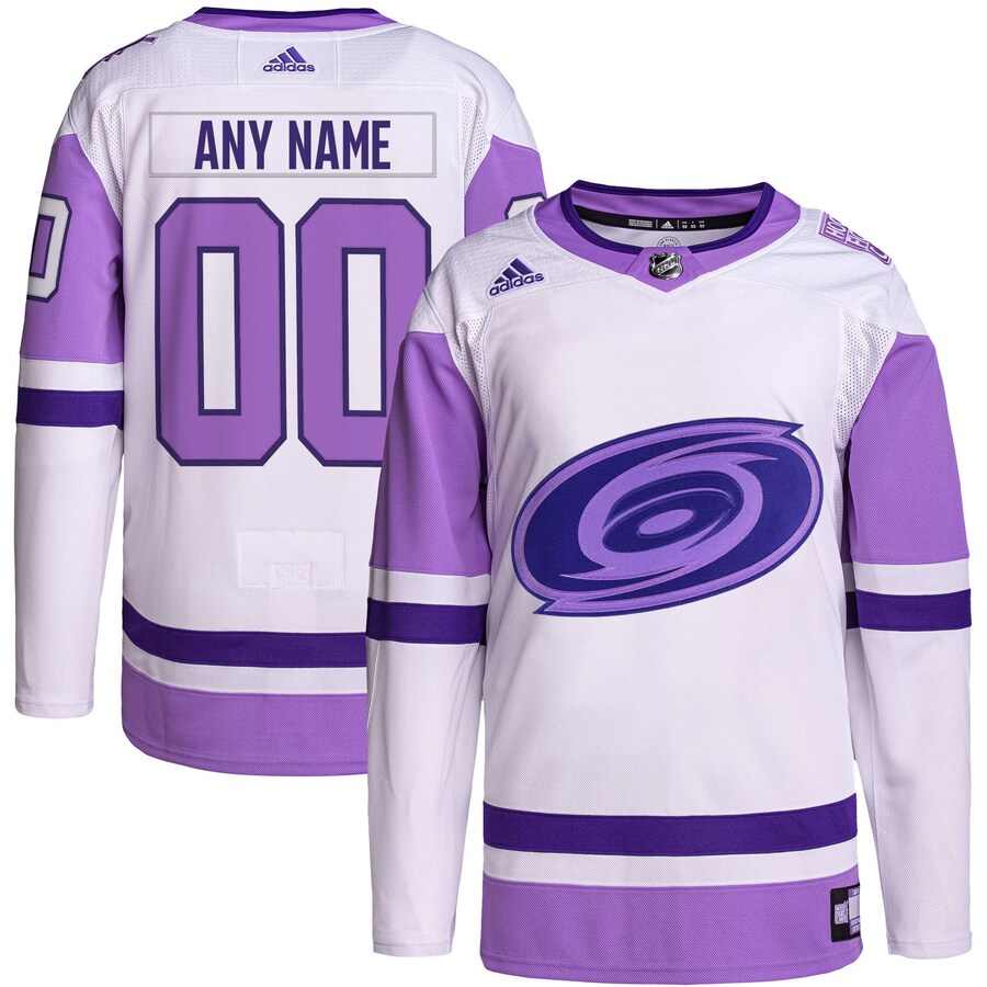 Men's Carolina Hurricanes adidas White/Purple Hockey Fights Cancer Primegreen Authentic Custom Jersey - Jersey