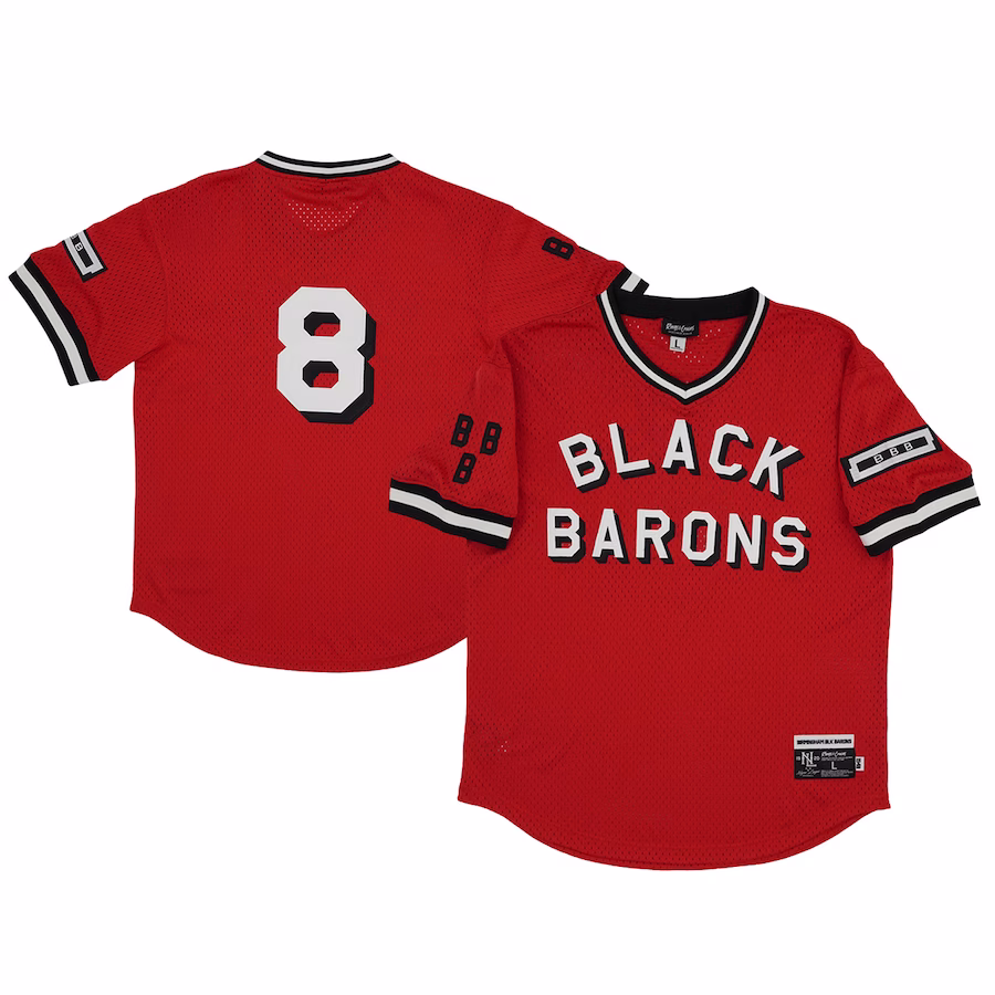 Men's Birmingham Black Barons #8 Rings & Crwns Red Mesh Replica V-Neck Jersey - Jersey