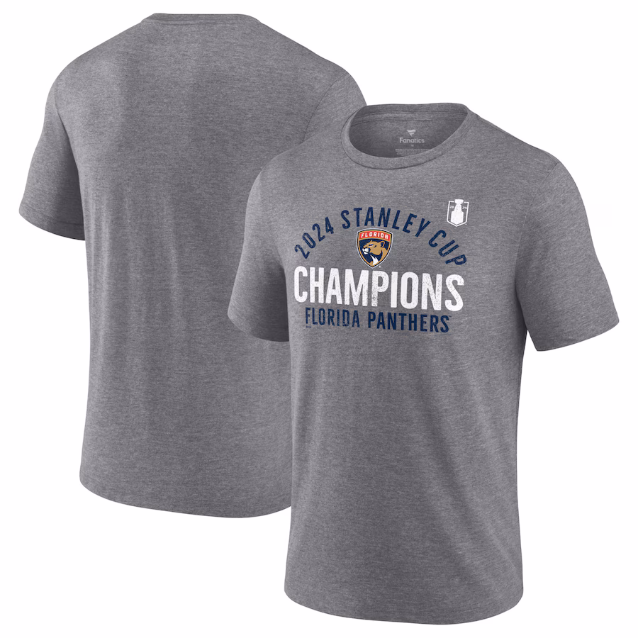 Men's Florida Panthers Fanatics Heather Gray 2024 Stanley Cup Champions Rush Tri-Blend T-Shirt - Jersey
