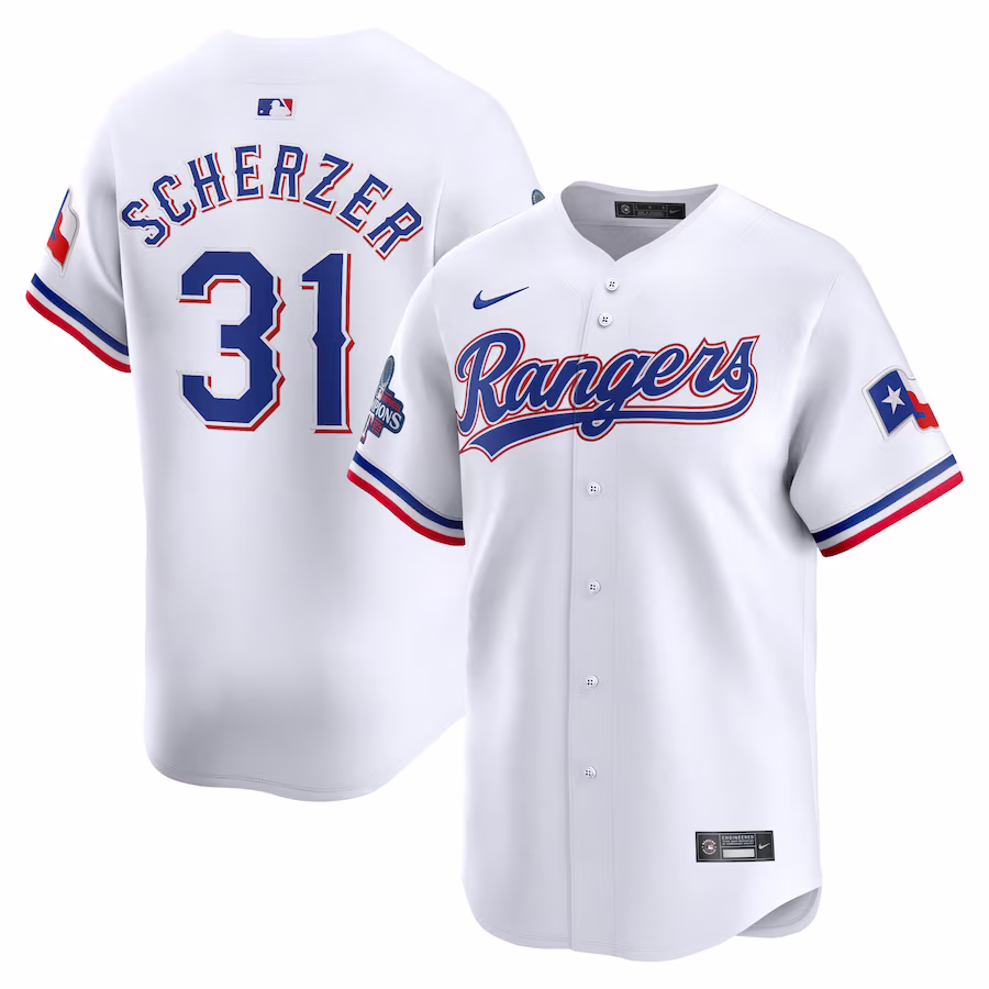Men's Texas Rangers Max Scherzer Nike White Home 2023 World Series Champions Limited Jersey - Jersey