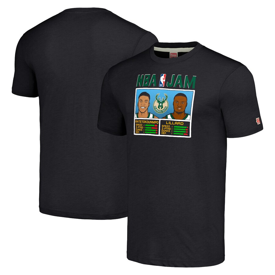 Men's Milwaukee Bucks Damian Lillard & Giannis Antetokounmpo Homage Charcoal NBA Jam Tri-Blend T-Shirt - Jersey