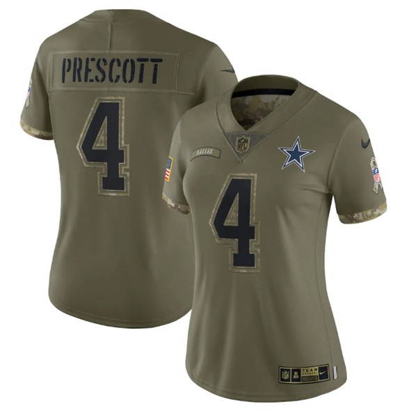 Women's Dallas Cowboys #4 Dak Prescott 2022 Olive Salute To Service Limited Stitched Jersey(Run Small) - Jersey