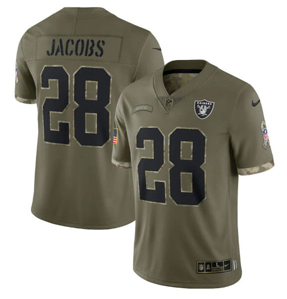 Men's Las Vegas Raiders #28 Josh Jacobs 2022 Olive Salute To Service Limited Stitched Jersey - Jersey