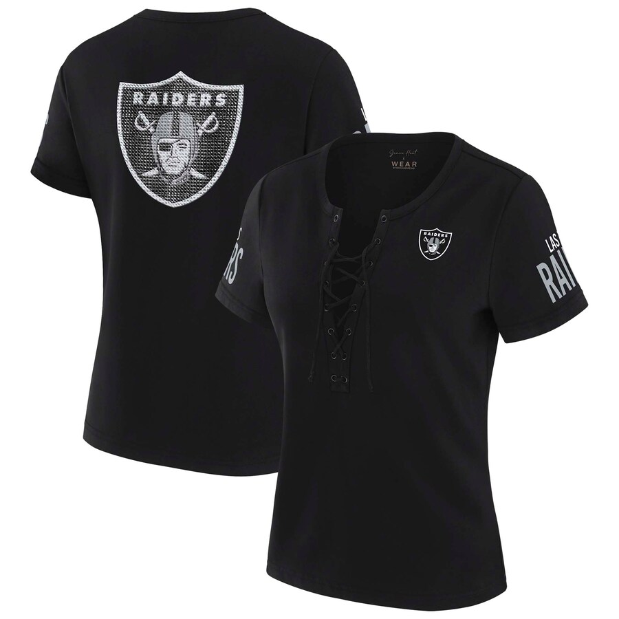Women's Las Vegas Raiders WEAR by Erin Andrews x Gracie Hunt Black Draft Me Lace-Up T-Shirt - Jersey