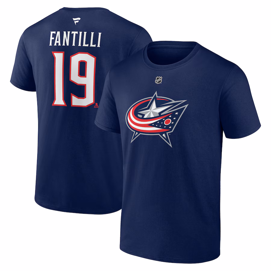 Men's Columbus Blue Jackets Adam Fantilli Fanatics Navy Authentic Stack Name & Number T-Shirt - Jersey