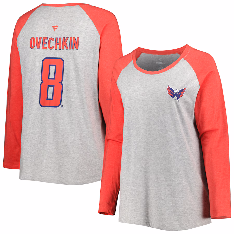 Women's Washington Capitals Alexander Ovechkin Fanatics Heather Gray/Heather Red Plus Size Name & Number Raglan Long Sleeve T-Shirt - Jersey