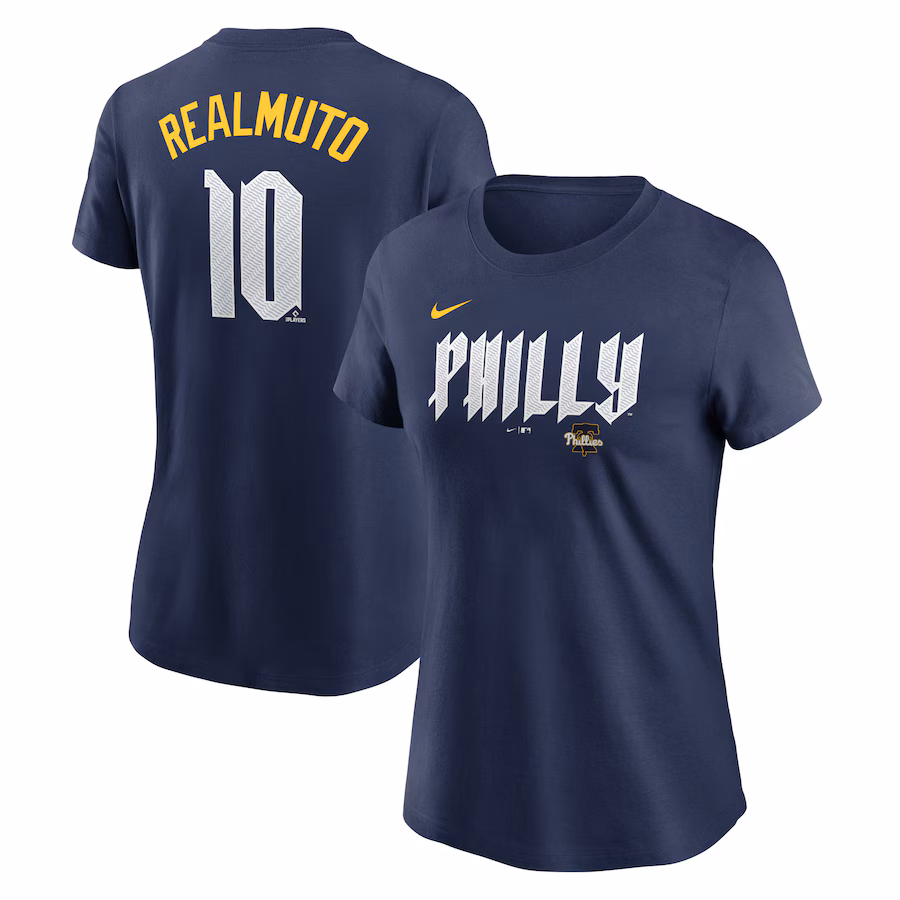 Women's Philadelphia Phillies J.T. Realmuto Nike Navy 2024 City Connect Fuse Player Name & Number T-Shirt - Jersey
