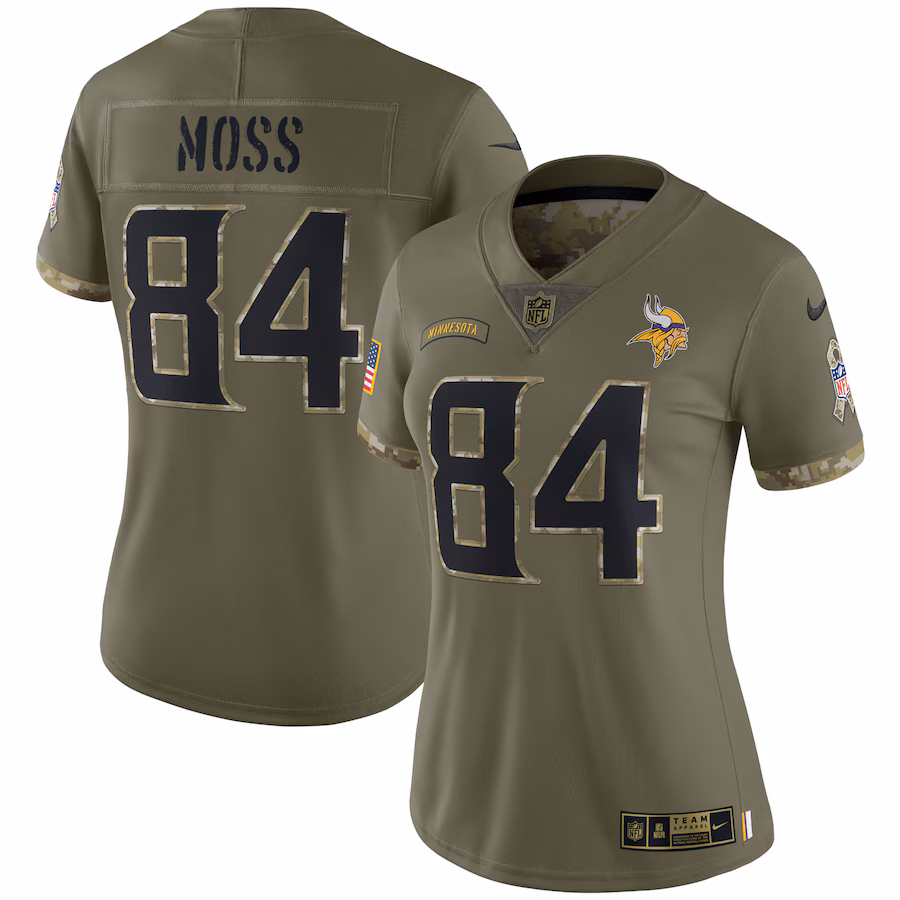 Women's Minnesota Vikings Randy Moss Nike Olive 2022 Salute To Service Retired Player Limited Jersey - Jersey