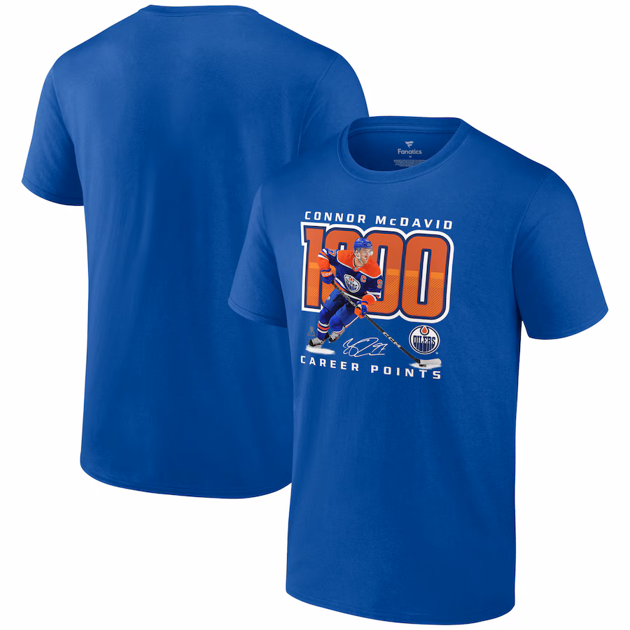 Men's Edmonton Oilers Connor McDavid Royal 1,000 Career Points T-Shirt - Jersey
