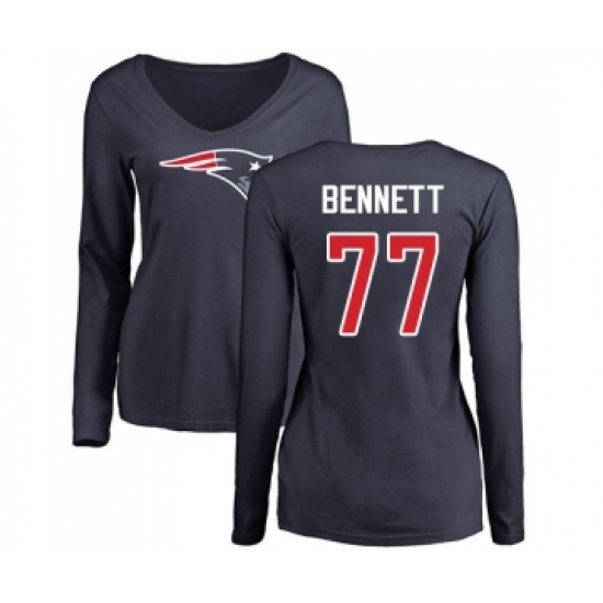 Football Women's New England Patriots #77 Michael Bennett Navy Blue Name & Number Logo Slim Fit Long Sleeve T-Shirt - Jersey