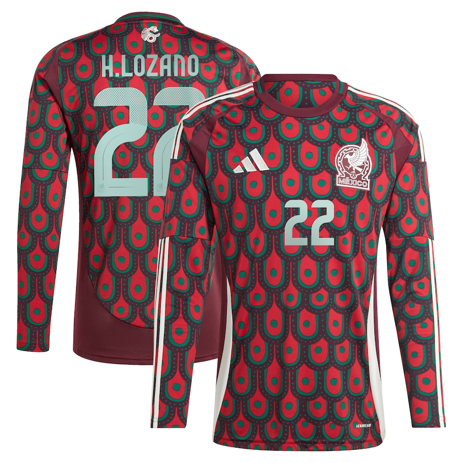 Men's Mexico National Team Hirving Lozano adidas Burgundy 2024 Home Replica Player Long Sleeve Jersey - Jersey