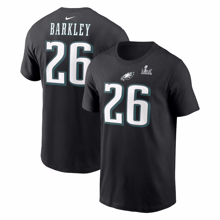 Men's Philadelphia Eagles Saquon Barkley Nike Black Super Bowl LIX Name & Number T-Shirt - Jersey