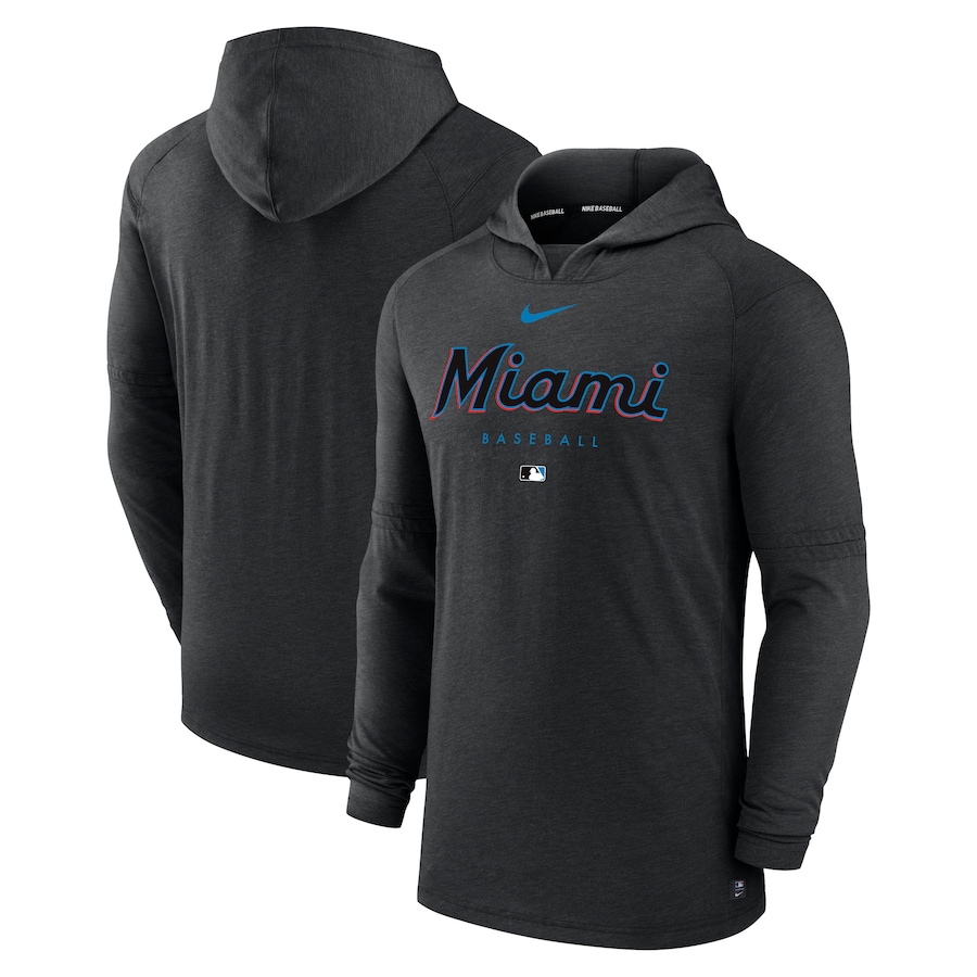 Men's Miami Marlins Nike Heather Black Authentic Collection Early Work Tri-Blend Performance Pullover Hoodie - Jersey