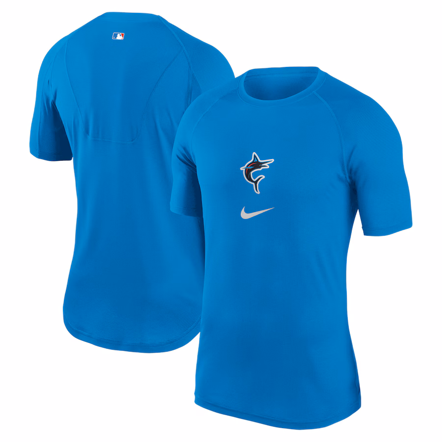 Men's Miami Marlins Nike Blue City Connect Performance Raglan Base Layer Top - Jersey