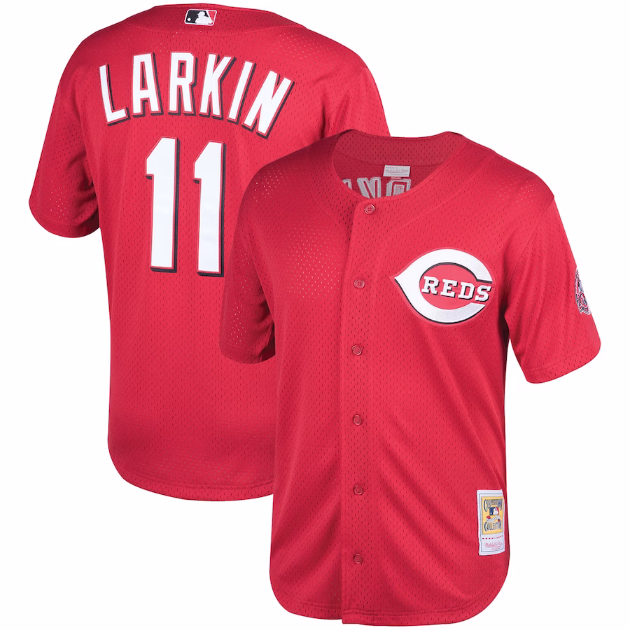 Men's Cincinnati Reds Barry Larkin Mitchell & Ness Red Throwback Cooperstown Mesh Batting Practice Jersey - Jersey