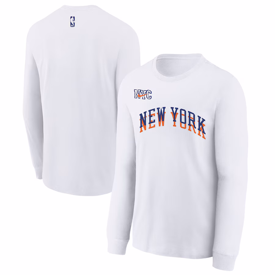 Youth New York Knicks  Nike White 2024/25 City Edition Wordmark Performance Long Sleeve T-Shirt - Jersey