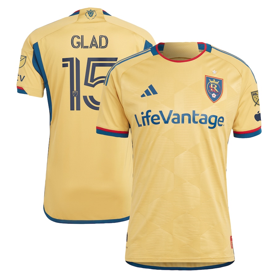 Men's Real Salt Lake Justen Glad adidas Gold 2023 The Beehive State Kit Authentic Player Jersey - Jersey