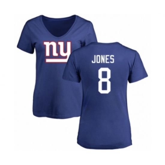 Football Women's New York Giants #8 Daniel Jones Royal Blue Name & Number Logo T-Shirt - Jersey