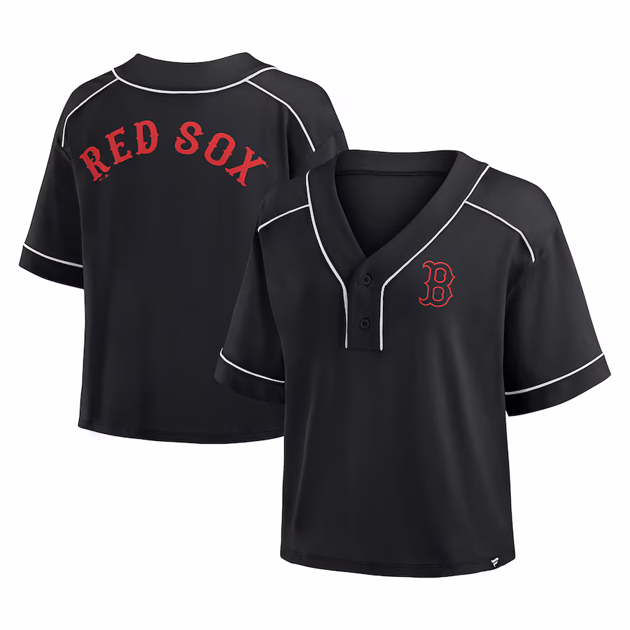 Women's Boston Red Sox Fanatics Black Oversized Champ Game Cropped V-Neck T-Shirt - Jersey