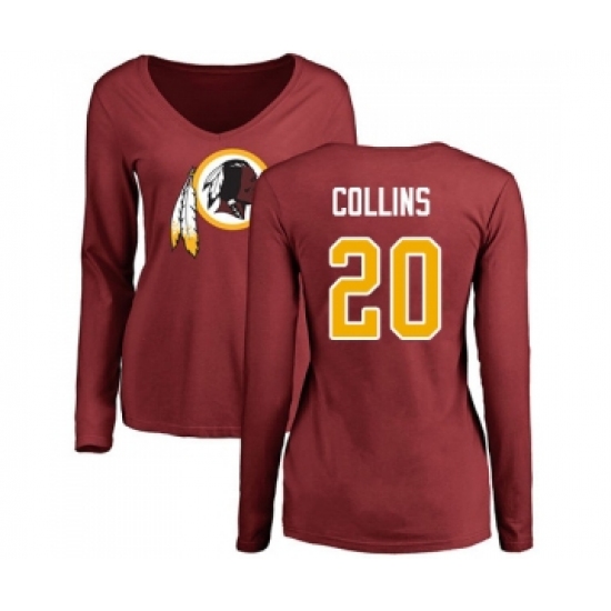 Football Women's Washington Redskins #20 Landon Collins Maroon Name & Number Logo Long Sleeve T-Shirt - Jersey