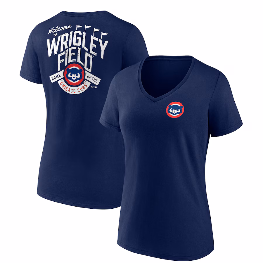Women's Chicago Cubs Navy Hometown Collection Wrigley V-Neck T-Shirt - Jersey