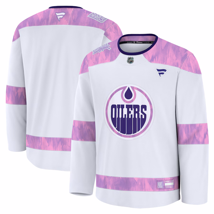 Men's Edmonton Oilers Fanatics White 2024 Hockey Fights Cancer Practice Jersey - Jersey