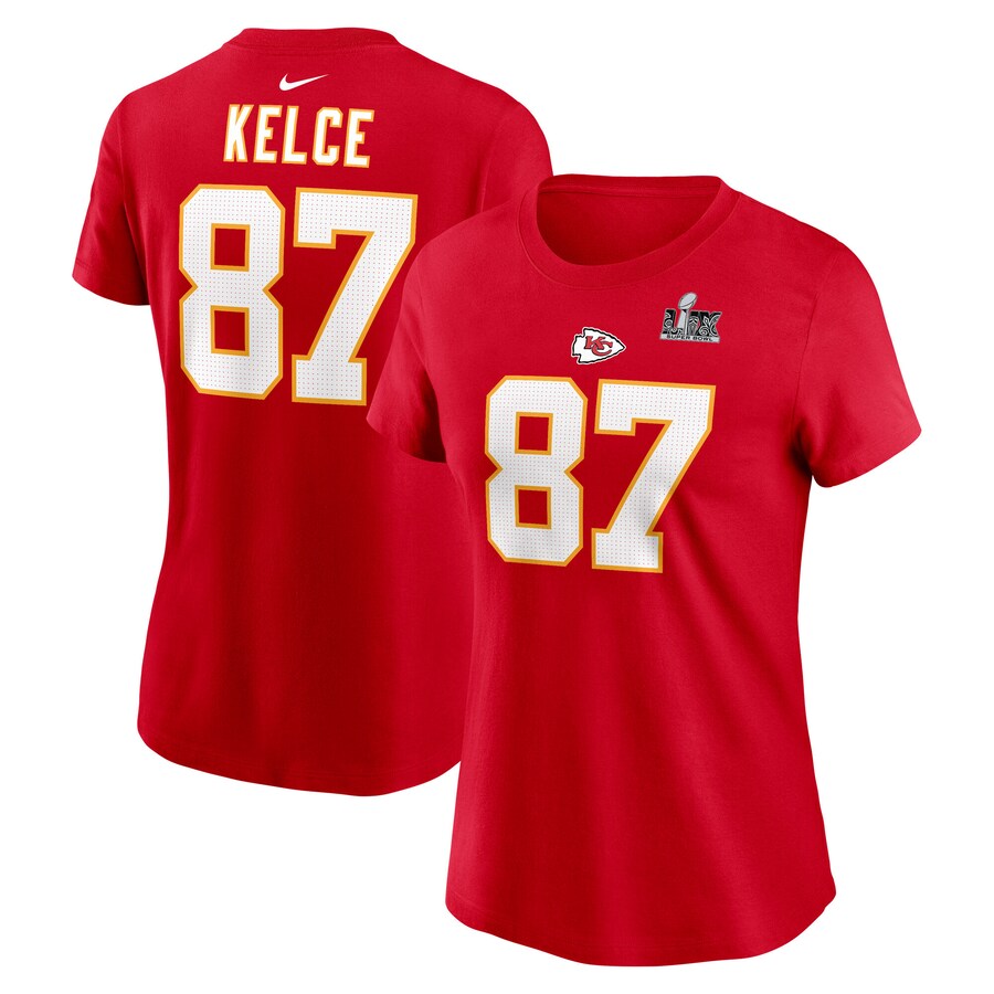 Women's Kansas City Chiefs Travis Kelce Nike Red Super Bowl LIX Name & Number T-Shirt - Jersey