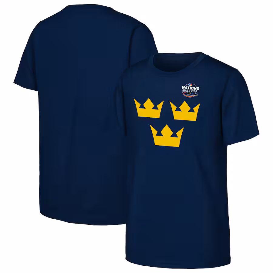Youth Sweden Navy 2025 4 Nations Face-Off Primary Logo T-Shirt - Jersey