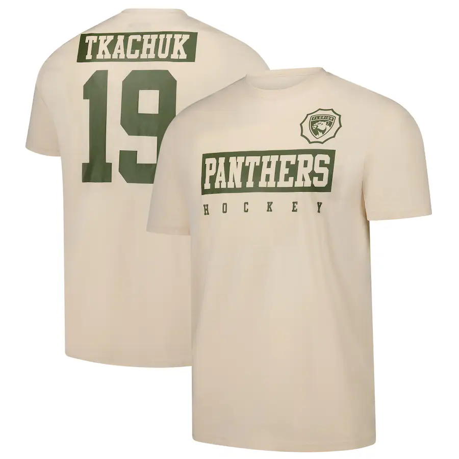 Men's Florida Panthers Matthew Tkachuk Levelwear Khaki 2024 NHL Military Appreciation Richmond Delta Player Name & Number T-Shirt - Jersey