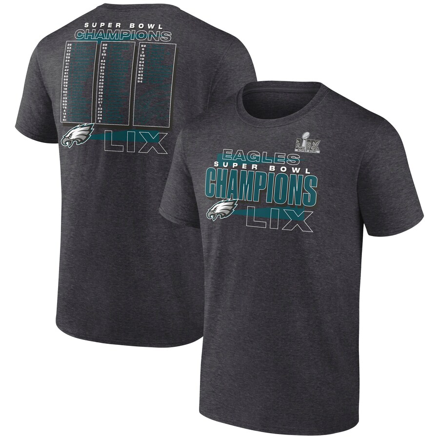Men's Philadelphia Eagles Fanatics Heather Charcoal Super Bowl LIX Champions Roster T-Shirt - Jersey