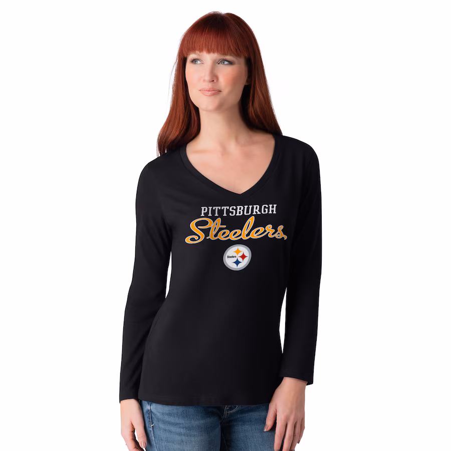 Women's Pittsburgh Steelers G-III 4Her by Carl Banks Black Post Season Long Sleeve V-Neck T-Shirt - Jersey