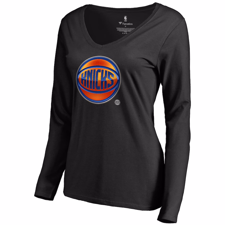 Women's New York Knicks Black Midnight Mascot Long Sleeve V-Neck T-Shirt - Jersey