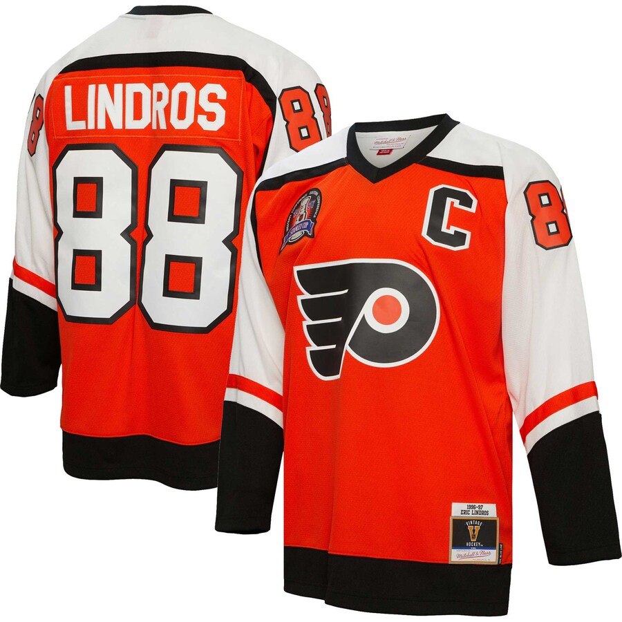 Men's Philadelphia Flyers Eric Lindros Mitchell & Ness Orange 1996/97 Captain Patch Blue Line Player Jersey - Jersey